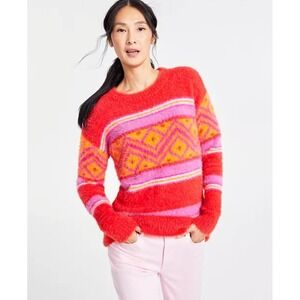 Holiday Lane Women's Size XL Fair Isle Fuzzy Crewneck Sweater Soft Ruby Red